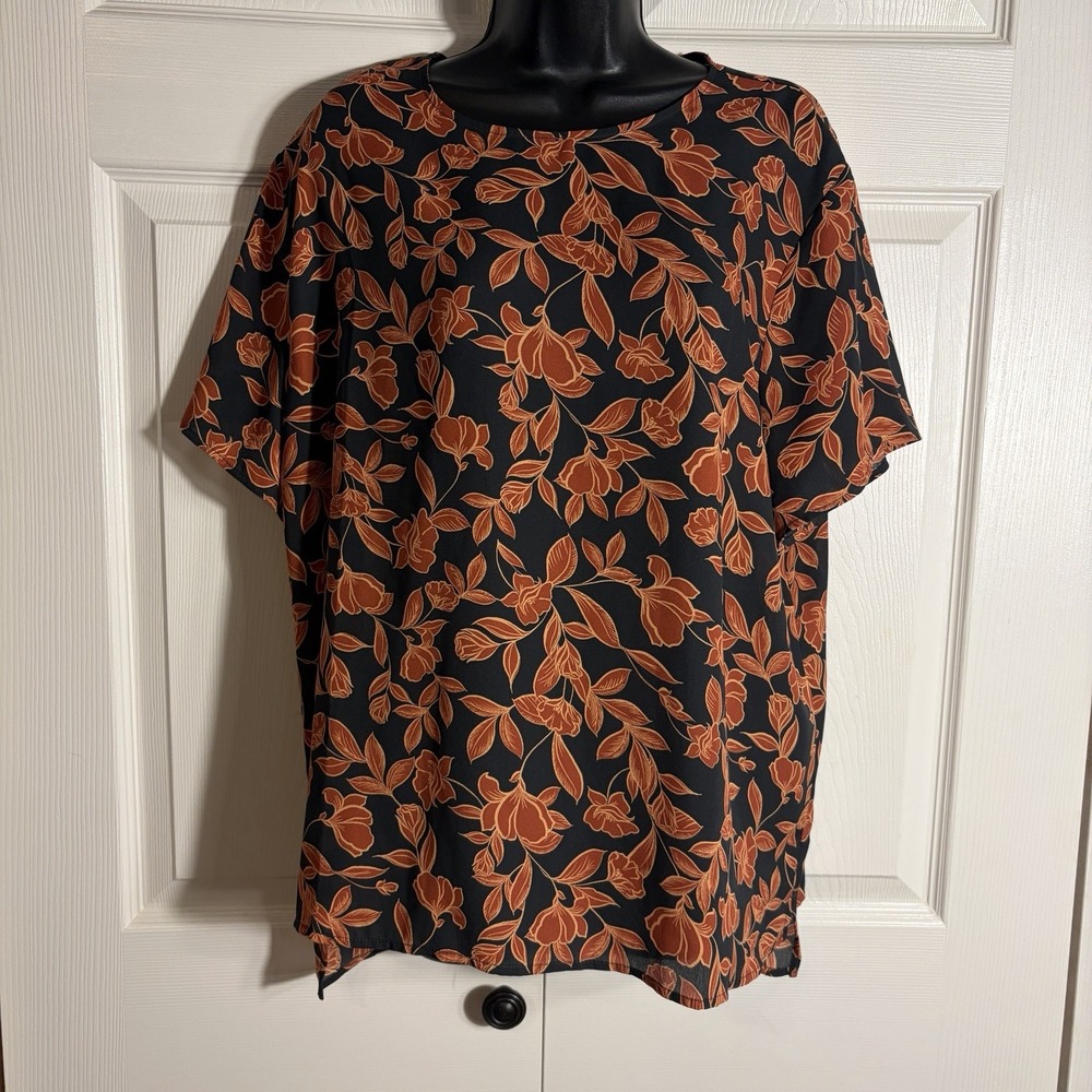 Banana Republic Shirt Women XL Black Terracotta Floral Leaves Short Sleeve Boho